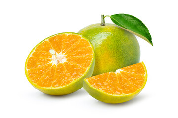 Tangerine (clementine) orange fruit with green leaf and cut in half slice isolated on white background. 