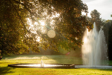 Herbst im Park mit Springbrunnen im Gegenlicht am frühen Morgen, schön und idyllisch mit Wasser, grüner wiese und bunten Bäumen