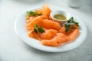 Homemade gravlax salmon with mustard sauce