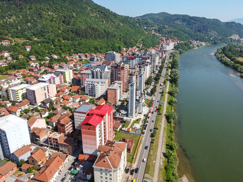 Zvornik, Bosnia and Herzegovina, aerial drone view. City of Zvornik and Drina river. 