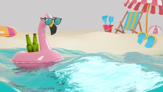 Rosa Flamingos mit cooler Sonnenbrille  in türkisem Wasser vor Badestrand, 3D Rendering, 3D Illustration
