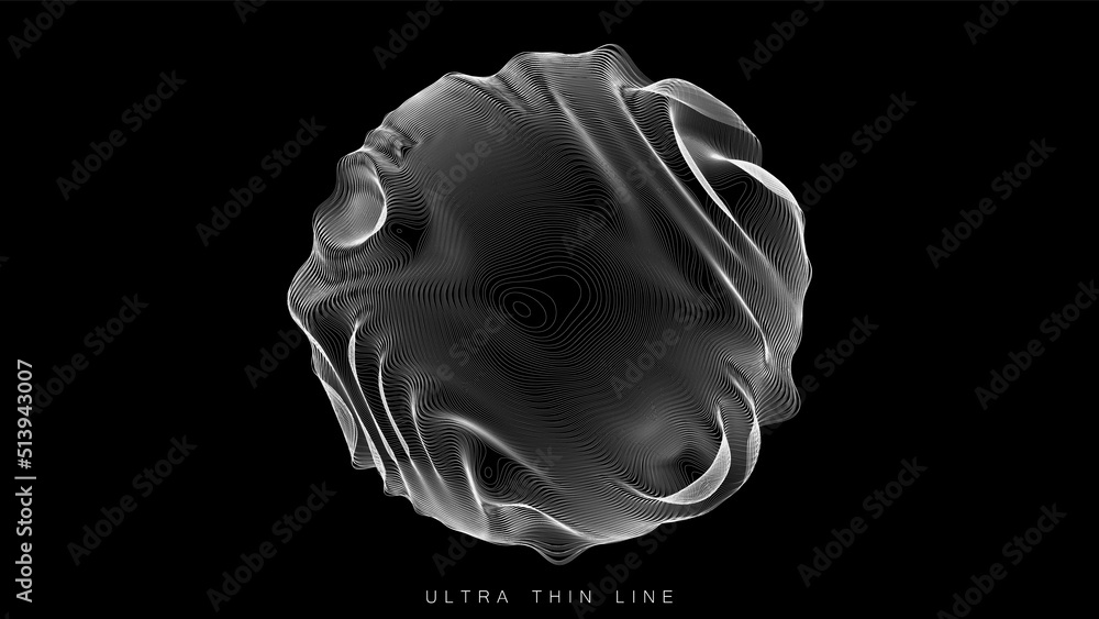 Poster ultra thin line fluid geometry. dynamic vector distorted spheres.