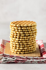 Stack of Tasty Homemade Golden Waffles on Wooden Tray Gray Background Tasty Dessert