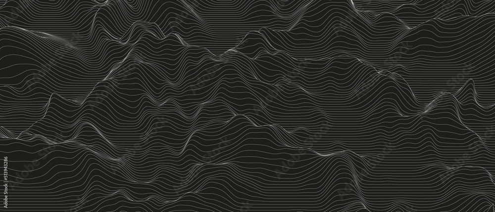 Poster abstract background with distorted line shapes on a black background. monochrome sound line waves.