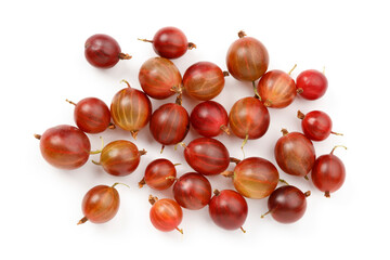 Gooseberries on a white background, ripe red berries.