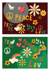 Hippie prints. 70s groovy templates, retro print with hippie elements. Peace, love, flowers. Vector illustrations in cartoon doodle style.