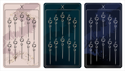 10 of Wands. A card of Minor arcana one line drawing tarot cards. Tarot deck. Vector linear hand drawn illustration with occult, mystical and esoteric symbols. 3 colors. Proposional to 2,75x4,75 in.
