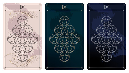 9 of Pentacles. A card of Minor arcana one line drawing tarot cards. Tarot deck. Vector linear hand drawn illustration with occult, mystical and esoteric symbols. 3 colors. Proposional to 2,75x4,75 in