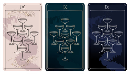 Fototapeta na wymiar 9 of Cups. A card of Minor arcana one line drawing tarot cards. Tarot deck. Vector linear hand drawn illustration with occult, mystical and esoteric symbols. 3 colors. Proposional to 2,75x4,75 in.