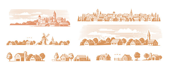 Village big set drawing. Engraving farm houses panorama
