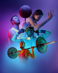 Composite image with professional sportsmen, runner and basketball players, weightlifter over purple smoky background. Sport, team, competition, ad concept - obrazy, fototapety, plakaty