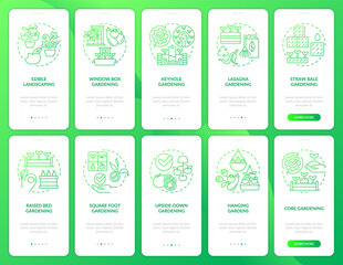 Naklejka premium Gardening methods green gradient onboarding mobile app screen set. Planting walkthrough 5 steps graphic instructions with linear concepts. UI, UX, GUI template. Myriad Pro-Bold, Regular fonts used