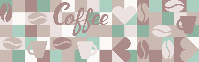Coffee background for textiles and wallpapers with geometric shapes. Trendy template for a screensaver in brown colors with a texture of squares and hearts.