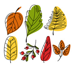 Hand drawn vector autumn leaves set. Handmade decorative elements on a white background.