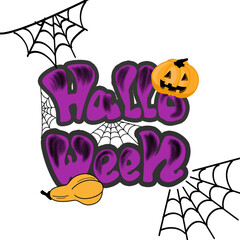 Halloween greeting card with purple lettering in cartoon style,  pumpkins and cobweb on white background 