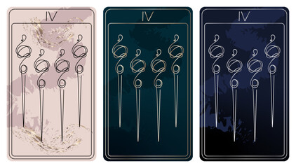 4 of Wands. A card of Minor arcana one line drawing tarot cards. Tarot deck. Vector linear hand drawn illustration with occult, mystical and esoteric symbols. 3 colors. Proposional to 2,75x4,75 in.