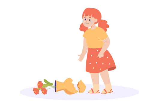 Sad girl crying over broken vase flat vector illustration. Upset child standing and looking and vase with flowers, feeling guilty and stress. Accident, trouble, problem concept