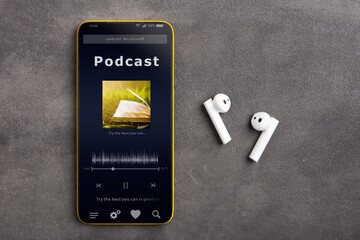 Streaming service. Listen podcast online concept, online music player app on smartphone - 513948665