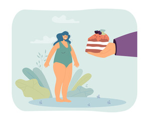 Huge hand giving cake to girl flat vector illustration. Obesity, unhealthy lifestyle, weight, health, fitness concept for banner, website design or landing web page