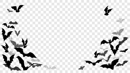 Halloween decoration element with chaotic flying flock of bats. Spooky frame with black isolated flittermouses. Vector illustration of silhouettes of vampires with different opacity