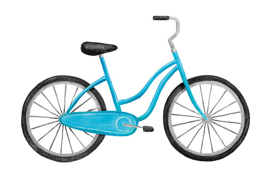 Watercolour illustration of women's hybrid bike in beautiful teal color. One single object, side view. Hand painted water color sketch on white, cutout clip art element for creative design decoration.