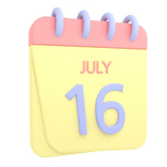 16th July 3D calendar icon. Web style. High resolution image. White background