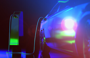 Charging an electric car with a charger, abstract neon lighting