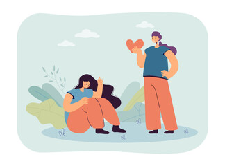 Depressed girl sitting on floor and refusing friends help. Woman trying to help her friend flat vector illustration. Love, mental health concept for banner, website design or landing web page
