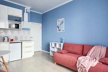 Obraz na płótnie Canvas Stylish studio apartment interior with comfortable beige sofa
