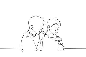 two men look shocked in the same direction - one line drawing vector. concept friends scared, shocked, surprised