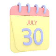 30th July 3D calendar icon. Web style. High resolution image. White background