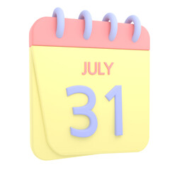 31st July 3D calendar icon. Web style. High resolution image. White background