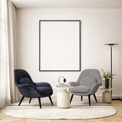 mock up poster frame in modern interior background, living room, Scandinavian style, 3D render, 3D illustration