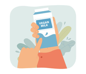 Carton of vegan milk in human hands flat vector illustration. Coconut, banana, soybean, hazelnut, oat, almond, rice, plant-based milk. Vegan diet concept for banner, website design or landing web page