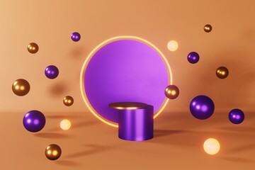 Purple neon cylinder podium golden stage 3d render. Glowing pedestal design composition. Abstact minimal scene levitating geometric spheres Cosmetic product demonstration showcase presentation display