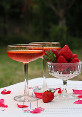 Spritz cocktails and fresh strawberry in a glass bowl. Picnic in the garden. Glass tableware close up photo. Rustic still life with seasonal fruit. 