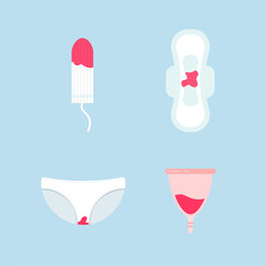 Set of feminine hygiene products. Menstruation days. Sanitary pads, tampons, menstrual cup, pants. Vector illustration in trendy flat style isolated on blue background.