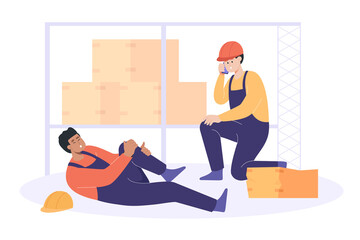 Worker lying on floor with injured leg flat vector illustration. Scared friend sitting on floor and calling ambulance. Accident in warehouse. Factory, danger, rescue, safety concept