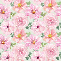 Watercolor pink roses and peonies seamless pattern on a pastel green background. Floral print.