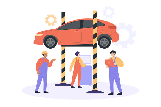 Mechanics in overalls repairing car flat vector illustration. Group of workmen checking auto, working at car repair service. Maintenance, transportation, vehicle concept