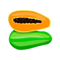 Vector isolated illustration with whole papaya or pawpaw, and part. Concept of fruit, summer, vitamin. You can use in web design, postcard, banner, etc.