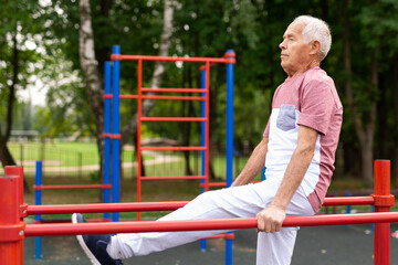 Elderly sportive man doing parallel bars exercise in park