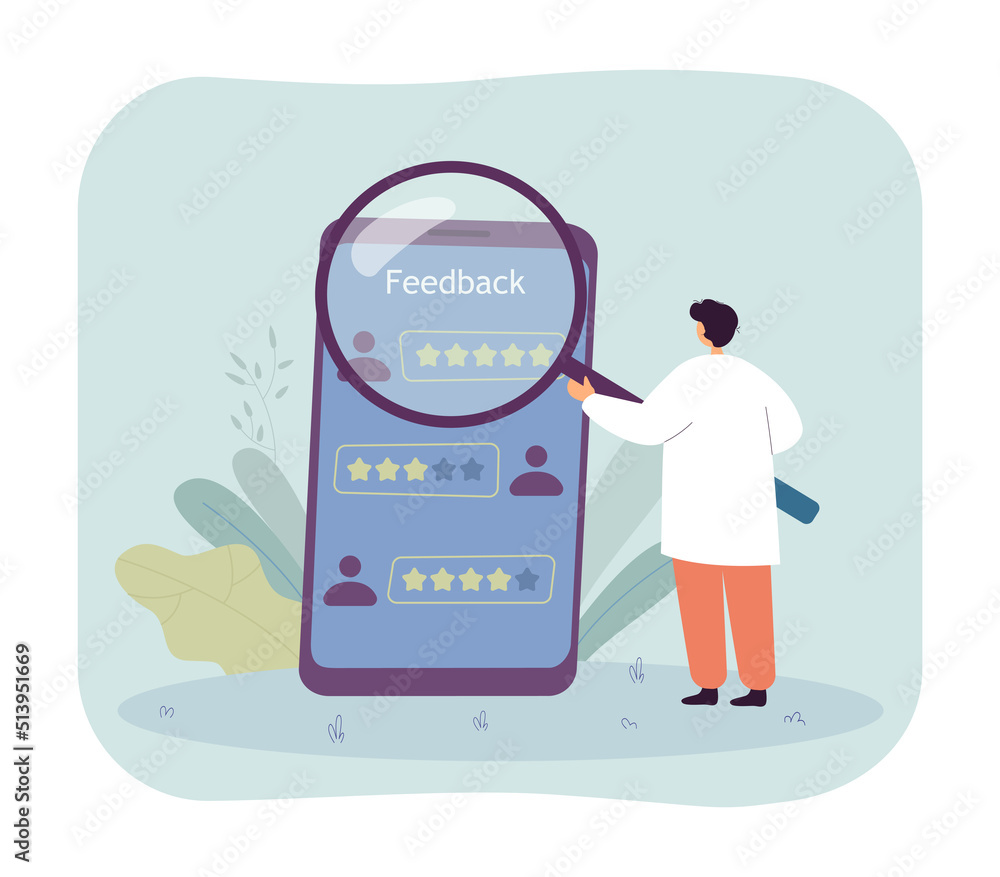 Poster man looking at clients review on phone screen through magnifier. customer review rating flat vector 