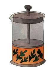 French press with tea and green tea leaves. Watercolor hand drawn illustration on a white background