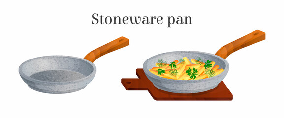 Vector illustration with stoneware pans full of fried potatoes and empty. Concept kitchen utensils, for example, used for cooking on a stove. You can use in web design, postcards, etc.