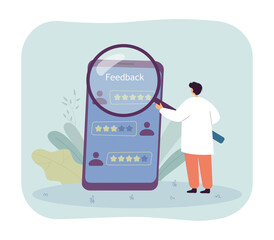 Man looking at clients review on phone screen through magnifier. Customer review rating flat vector illustration. Feedback, satisfaction, opinion concept for banner, website design or landing web page