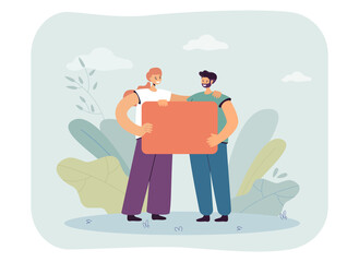 Man and woman holding blank banner flat vector illustration. Couple, friends or activists hugging and smiling. Demonstration, message, protest concept for banner, website design or landing web page