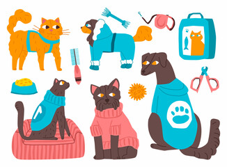 Vector set of pets, cats, dogs and accessories. It depicted toy bone, ball, object of grooming. Concept of pets care, accessories, grooming. You can used in web design postcard, banner, etc.
