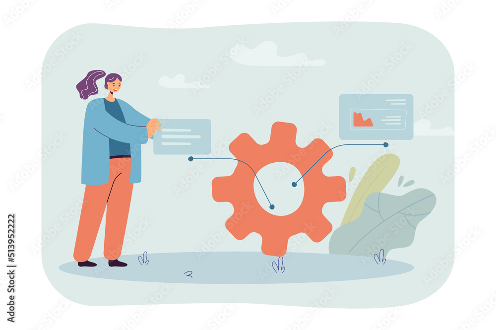 Poster Woman improving mobile application flat vector illustration. Mobile application developer testing app. Occupation, programming concept for banner, website design or landing web page