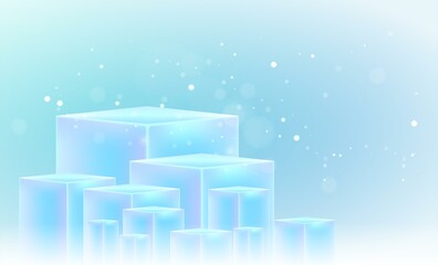 Icy fresh background with a podium in the form of ice cubes. Empty light blue podium or pedestal. Box stand for product display. Vector template. Abstract product background.